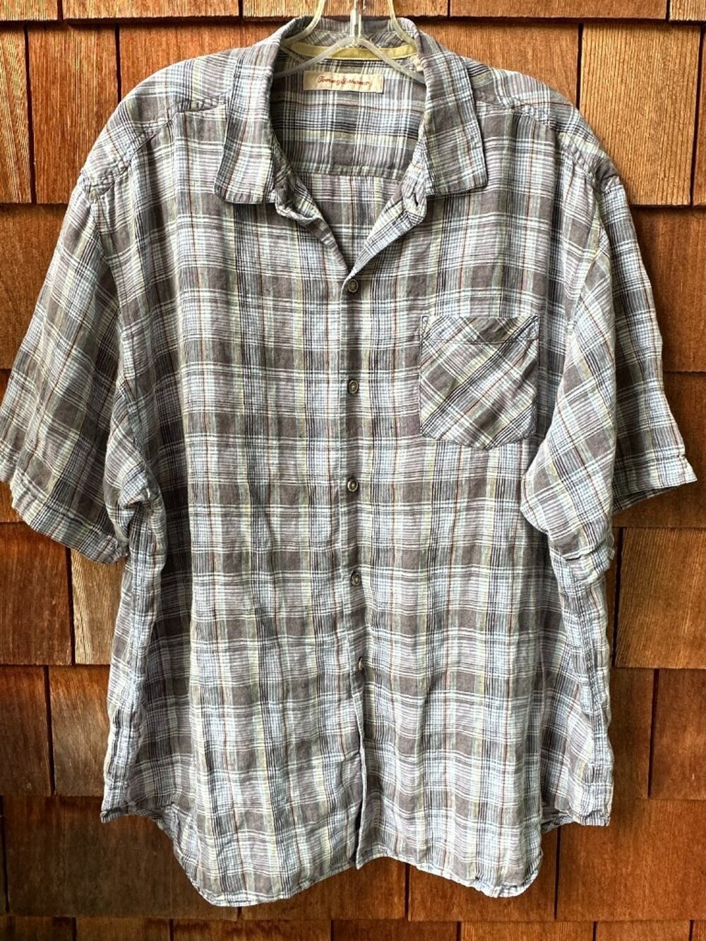 EUC Tommy Bahama Gray Linen Plaid Short Sleeve Camp Shirt in Men's X-Large